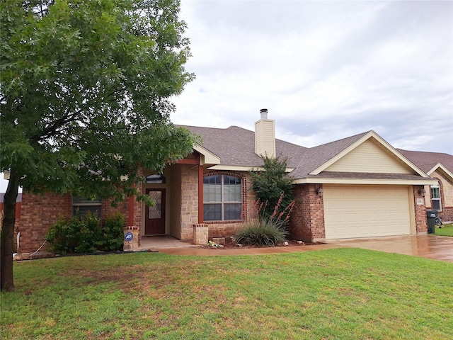 334 Miss Ellie Ln, Abilene, TX 79602 - ranch-style house featuring an attached garage, driveway, a chimney, and a front lawn