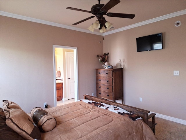 334 Miss Ellie Ln, Abilene, TX 79602 - bedroom with ornamental molding, ceiling fan, carpet flooring, connected bathroom, and baseboards