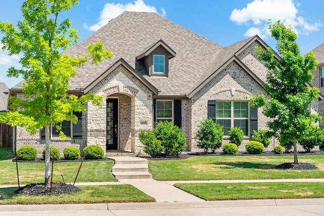 view of front of home featuring a front yard, brick siding, a shingled roof, and stone siding