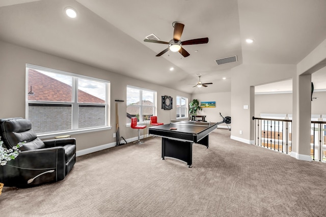 rec room with a ceiling fan, carpet flooring, lofted ceiling, baseboards, and recessed lighting