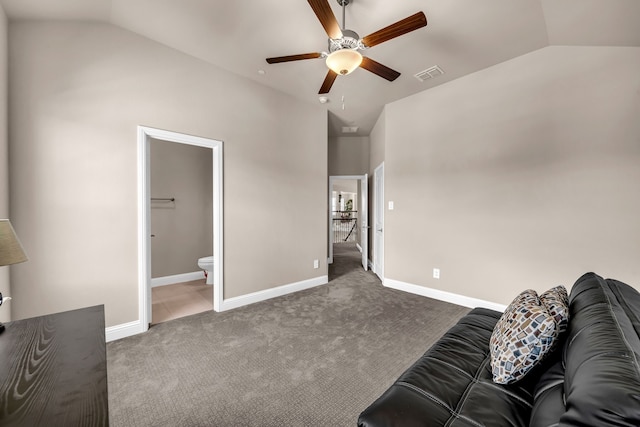 living area featuring lofted ceiling, a ceiling fan, carpet floors, and baseboards