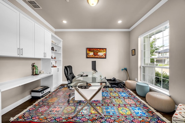 office with ornamental molding, dark wood finished floors, recessed lighting, and baseboards