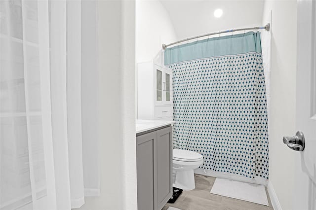 full bathroom with toilet, curtained shower, and vanity