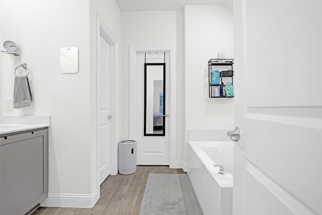 bathroom with vanity, a garden tub, baseboards, and wood finished floors