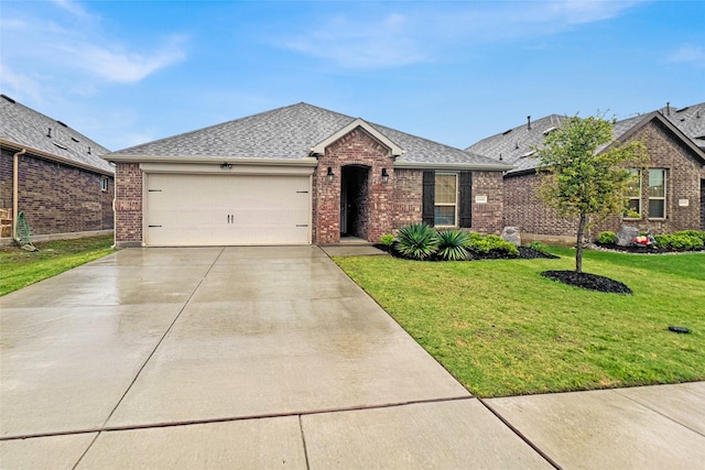 single story home with an attached garage, brick siding, concrete driveway, a front yard, and a shingled roof