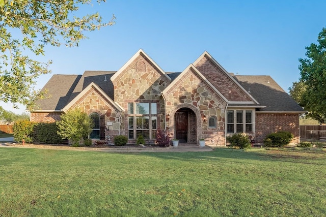 view of front of house featuring stone siding and a front lawn