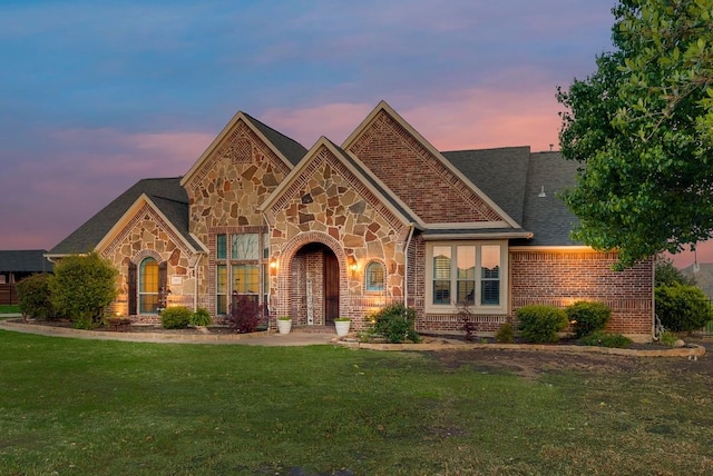 view of front of home with brick siding, stone siding, and a front yard
