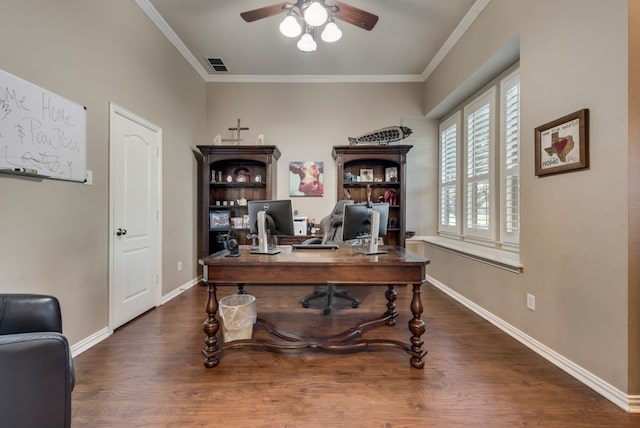 office area featuring visible vents, wood finished floors, a ceiling fan, and ornamental molding