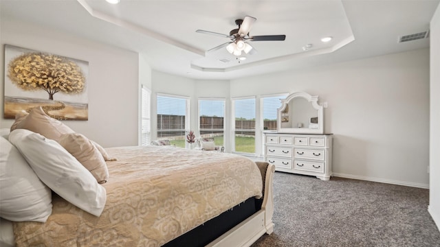 1106 Alaska Dr, Forney, TX 75126 - bedroom with a tray ceiling, carpet flooring, recessed lighting, a ceiling fan, and baseboards