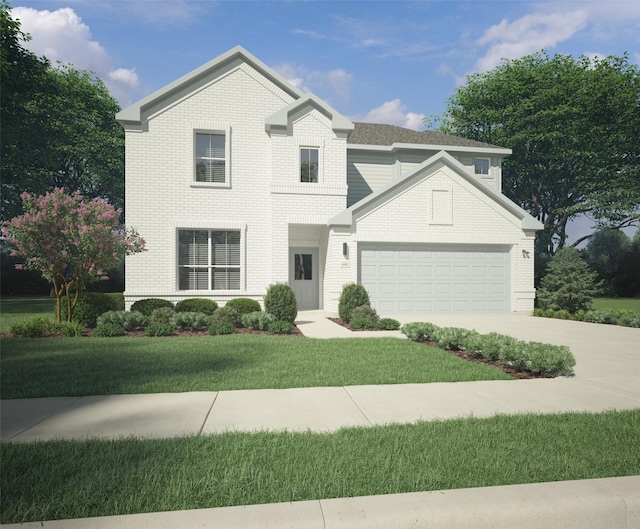 traditional-style home with concrete driveway, brick siding, an attached garage, and a front lawn