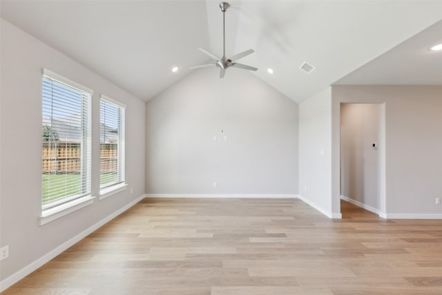 empty room featuring a ceiling fan, recessed lighting, baseboards, visible vents, and light wood-style floors