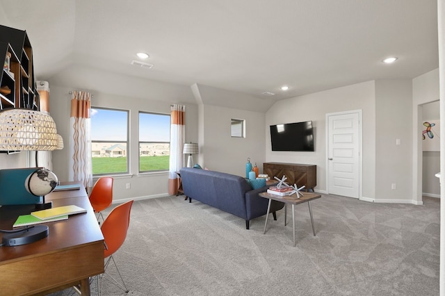 carpeted living room with visible vents, baseboards, lofted ceiling, and recessed lighting