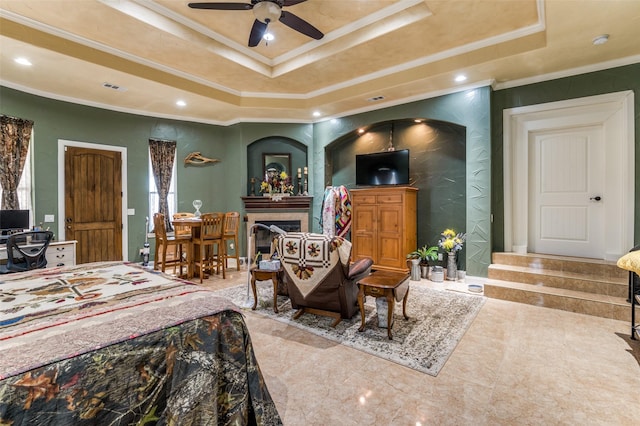 1932 Fm 36 S, Caddo Mills, TX 75135 - bedroom with recessed lighting, visible vents, crown molding, a raised ceiling, and a fireplace