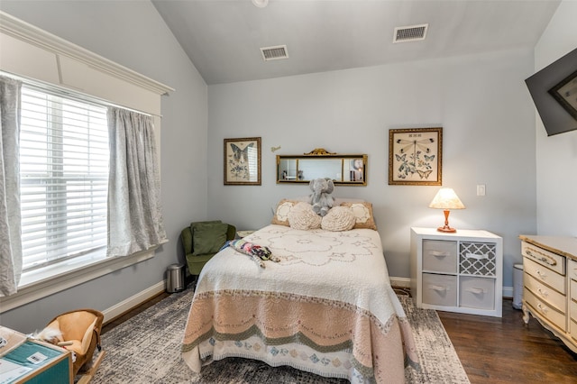 1932 Fm 36 S, Caddo Mills, TX 75135 - bedroom with lofted ceiling, multiple windows, visible vents, and dark wood-style floors