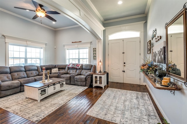 1932 Fm 36 S, Caddo Mills, TX 75135 - living room featuring recessed lighting, dark wood finished floors, ceiling fan, crown molding, and a towering ceiling