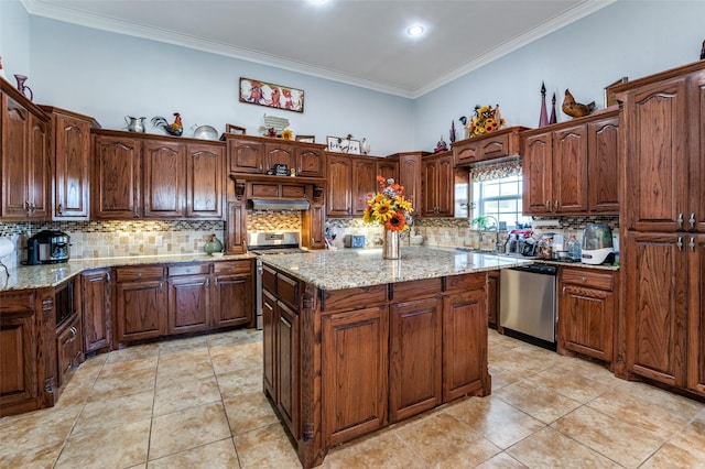 1932 Fm 36 S, Caddo Mills, TX 75135 - kitchen featuring a center island, light stone counters, crown molding, decorative backsplash, and stainless steel appliances