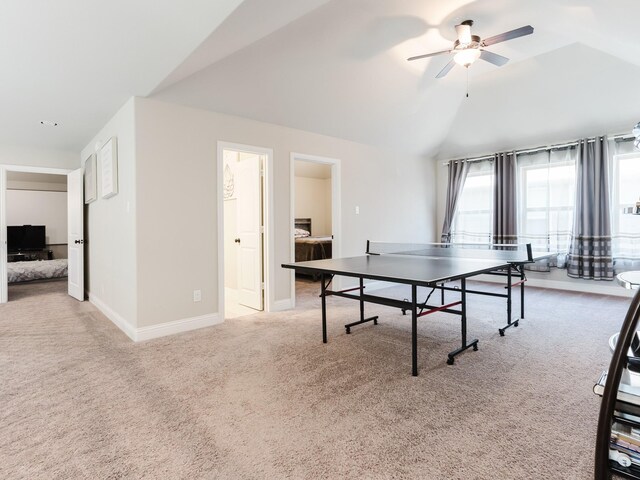 5932 Folsum Pl, Mckinney, TX 75070 - game room with light colored carpet, vaulted ceiling, baseboards, and a ceiling fan