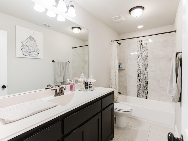5932 Folsum Pl, Mckinney, TX 75070 - bathroom featuring toilet, vanity, shower / tub combo with curtain, visible vents, and tile patterned floors