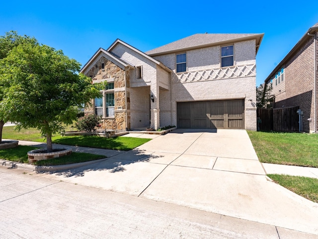 5932 Folsum Pl, Mckinney, TX 75070 - view of front of home featuring stone siding, a garage, fence, concrete driveway, and brick siding