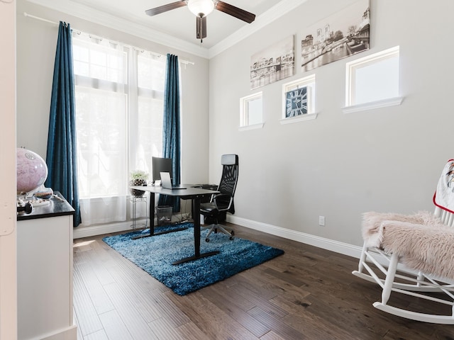 5932 Folsum Pl, Mckinney, TX 75070 - office area featuring ceiling fan, a healthy amount of sunlight, crown molding, and dark wood-style flooring