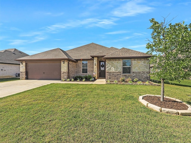 1455 Radecke Rd, Krum, TX 76249 - view of front of property with an attached garage, concrete driveway, a front lawn, brick siding, and roof with shingles