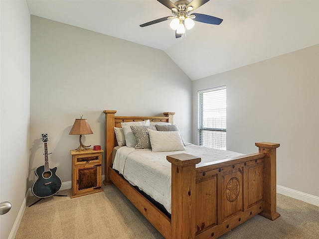 1455 Radecke Rd, Krum, TX 76249 - bedroom featuring light colored carpet, baseboards, vaulted ceiling, and ceiling fan