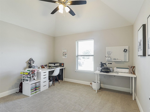 1455 Radecke Rd, Krum, TX 76249 - office area with vaulted ceiling, light colored carpet, ceiling fan, and baseboards