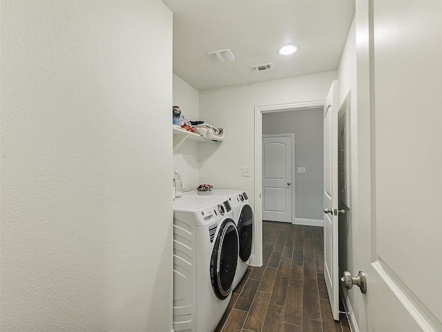 1455 Radecke Rd, Krum, TX 76249 - laundry room with washer and clothes dryer, dark wood-style floors, recessed lighting, and baseboards