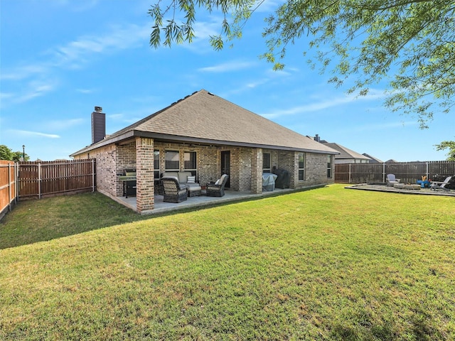 1455 Radecke Rd, Krum, TX 76249 - rear view of property with outdoor lounge area, a chimney, a patio area, brick siding, and roof with shingles