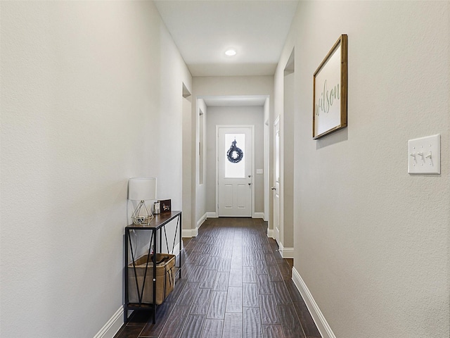 1455 Radecke Rd, Krum, TX 76249 - doorway to outside with baseboards, dark wood-style flooring, and recessed lighting