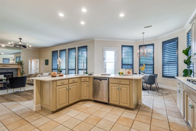 1305 Burgundy Ct, Southlake, TX 76092 - kitchen with a chandelier, stainless steel dishwasher, light countertops, ornamental molding, and recessed lighting