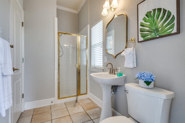 1305 Burgundy Ct, Southlake, TX 76092 - bathroom featuring toilet, ornamental molding, a stall shower, and tile patterned floors