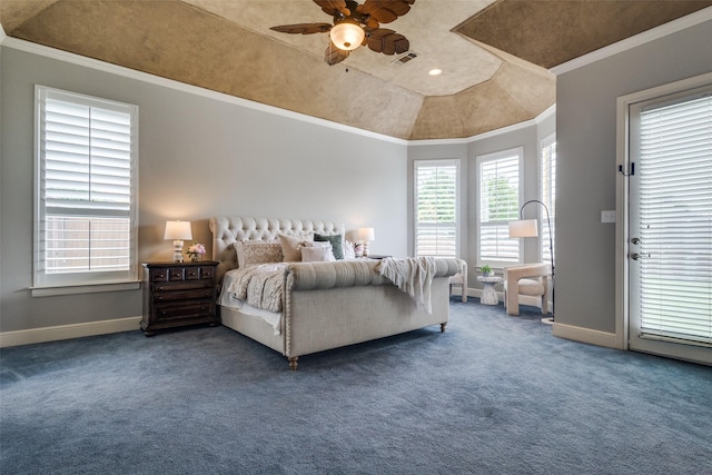 1305 Burgundy Ct, Southlake, TX 76092 - carpeted bedroom featuring baseboards, crown molding, vaulted ceiling, and ceiling fan