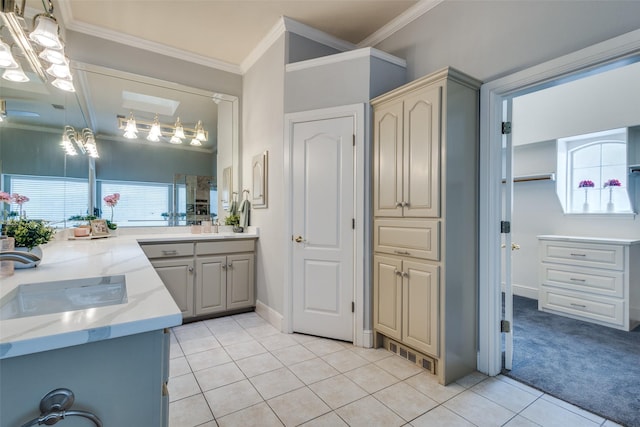 1305 Burgundy Ct, Southlake, TX 76092 - bathroom with tile patterned floors, crown molding, vanity, and a chandelier