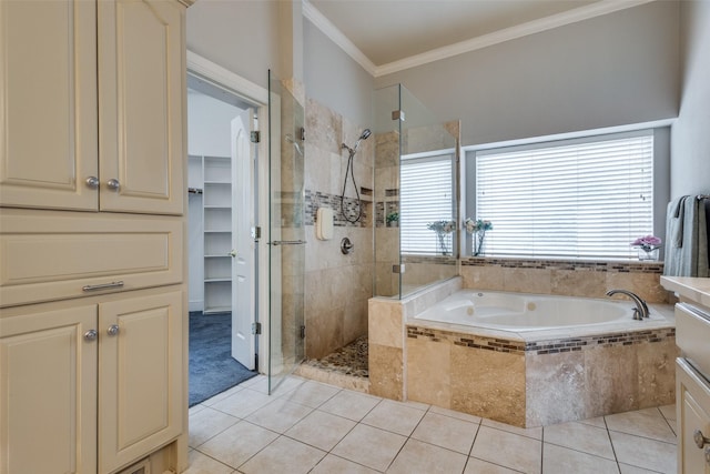 1305 Burgundy Ct, Southlake, TX 76092 - full bathroom with a stall shower, healthy amount of natural light, tile patterned flooring, and crown molding