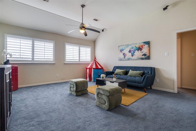 1305 Burgundy Ct, Southlake, TX 76092 - living area featuring ceiling fan, carpet, lofted ceiling, and baseboards