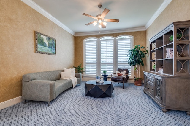 1305 Burgundy Ct, Southlake, TX 76092 - living area with ceiling fan, plenty of natural light, light carpet, and ornamental molding