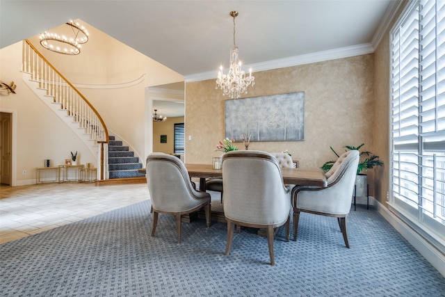 1305 Burgundy Ct, Southlake, TX 76092 - carpeted dining space with a chandelier, stairway, baseboards, and crown molding
