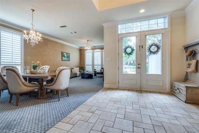 1305 Burgundy Ct, Southlake, TX 76092 - entrance foyer featuring stone tile floors, a chandelier, ornamental molding, baseboards, and recessed lighting