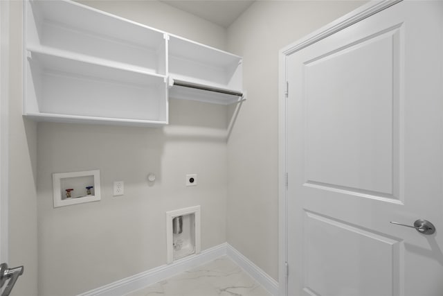216 Griffith, Princeton, TX 75407 - laundry room with gas dryer hookup, hookup for an electric dryer, washer hookup, marble finish flooring, and baseboards