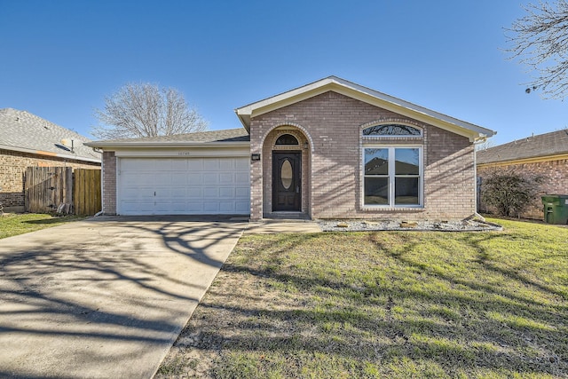 ranch-style house featuring brick siding, fence, an attached garage, concrete driveway, and a front lawn