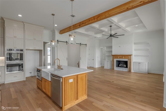 kitchen featuring light wood finished floors, a sink, stainless steel appliances, a barn door, and ceiling fan