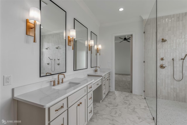 bathroom featuring walk in shower, double vanity, marble finish floor, and a sink