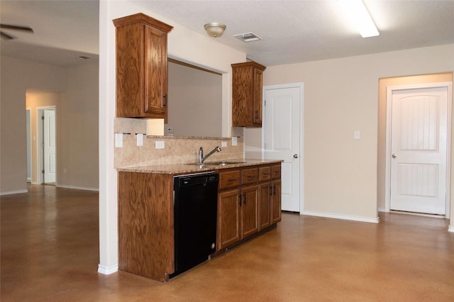 kitchen featuring backsplash, black dishwasher, visible vents, and finished concrete flooring