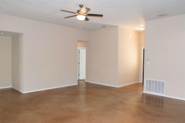 spare room with concrete floors, visible vents, and ceiling fan