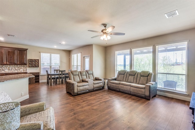 3530 Beaumont Dr, Wylie, TX 75098 - living room with dark wood-style flooring, a ceiling fan, baseboards, and recessed lighting