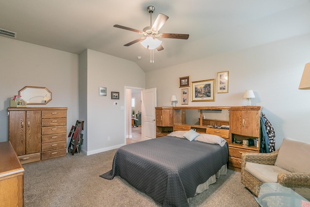 1725 Bellatrix Dr, Haslet, TX 76052 - bedroom with baseboards, ceiling fan, visible vents, vaulted ceiling, and light carpet