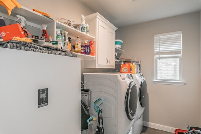 1725 Bellatrix Dr, Haslet, TX 76052 - laundry area with independent washer and dryer, cabinet space, baseboards, and dark wood-style flooring