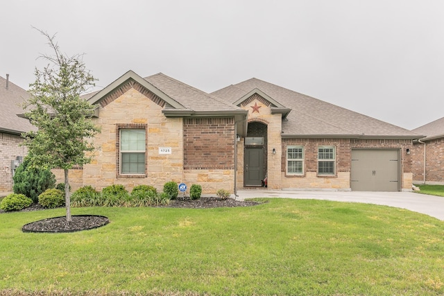 1725 Bellatrix Dr, Haslet, TX 76052 - view of front of home with a garage, a shingled roof, driveway, a front yard, and brick siding