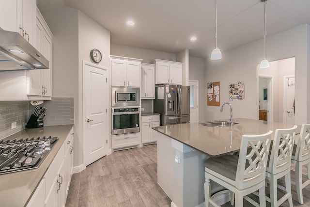 1725 Bellatrix Dr, Haslet, TX 76052 - kitchen featuring light wood-style flooring, under cabinet range hood, a sink, decorative backsplash, and stainless steel appliances